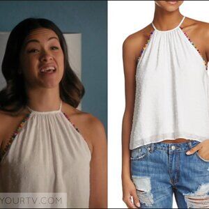Miami women's S swiss dot pom pom beaded trim halter style tank EUC seen on TV